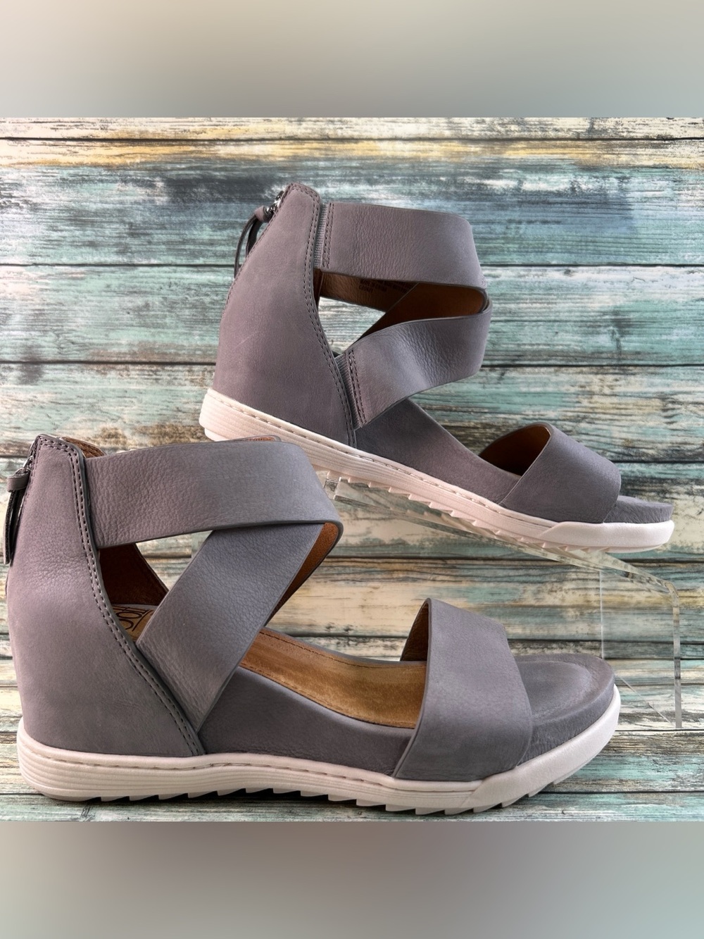 SOFFT Senovia Gladiator Wedge Heel Sandals Womens 7.5M Gray Leather Zip Open Toe